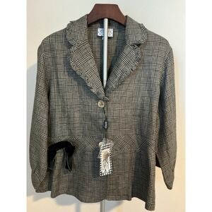 Cottage Clothing Inc Womens  Linen Ruffle Lapel Peplum Hem Plaid Jacket‎ L NWT